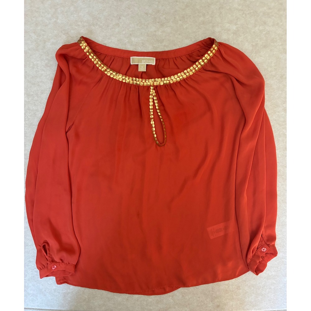 MICHAEL Michael Kors Orange Sequin Embellished Keyhole Neck Blouse Top Size‎ M